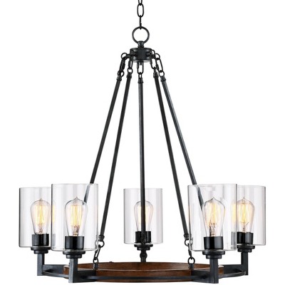 Franklin Iron Works Bronze Wood Wagon Wheel Chandelier 26 3/4" Wide Rustic Farmhouse Clear Glass 5-Light Fixture for Dining Room