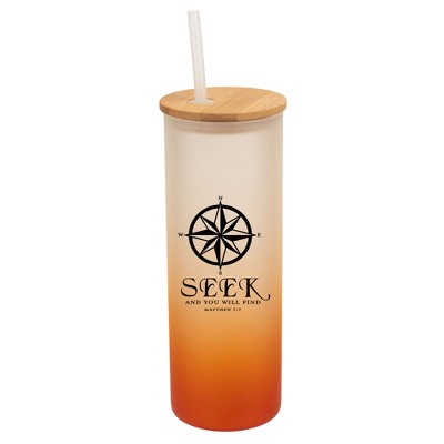 Elanze Designs Seek & You Will Find Compass Matthew 7:7 Wrap-Around Design 25 Ounce Frosted Gradient Glass On-The-Go Coffee Travel Skinny Tumbler Mug
