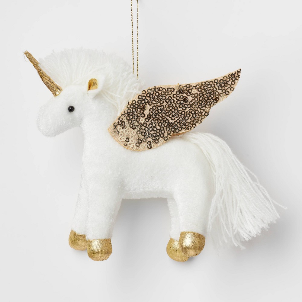 Fabric Unicorn with Sequined Wings Christmas Tree Ornament White/Gold - Wondershop (pak  of 6 ™) 