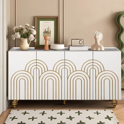 Fluted Sideboard Buffet With Storage,Curve Element With Strict Lines Sideboard Buffet Cabinets With 4 Doors And Adjustable Shelves -Maison Boucle