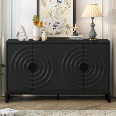 Buffet Cabinet With Storage, Wood Accent Sideboard With 4 Water Wave Pattern Design Doors, Kitchen Buffet Storage Cabinet Console Cabinet