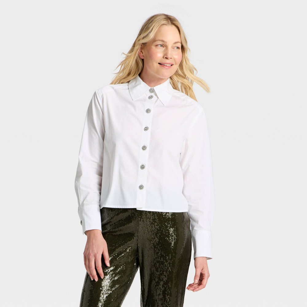 Women's Long Sleeve Embellished Button-Down Shirt - A New Day™ White S
