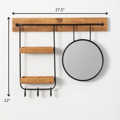 Black Metal and Natural Wood Wall Shelf with Round Mirror