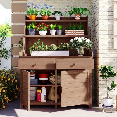 Coolbibila-65'' Garden Potting Bench Table, Fir Wood Workstation With Storage Shelf, Potting Benches Drawer And Cabinet