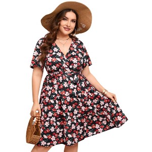Plus Size Women's V Neck Short Sleeve Dress with Belt Flowy Casual Summer Day Dress - 1 of 4