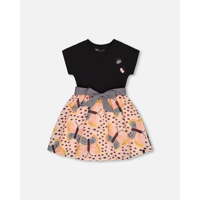 Deux par Deux Girl Bi-Material Dress with Printed Skirt Black, Pink, and Butterflies