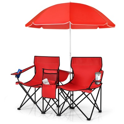 Tangkula Portable Double Camping Chair, Folding Picnic Loveseat W/ Removable Adjustable Umbrella, Carrying Bag, Cooler Bag, Side Pocket & Cupholder Red/Gray/Black/Turquoise