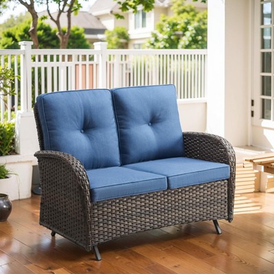 Buenhomino Patio Loveseat Glider Wicker Loveseat Rattan Glider Sofa with Curved Armrest Thicking Back & Seat Cushions for Garden Balcony Backyard