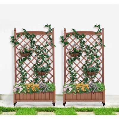 DOMETOUR Raised Garden Bed with Trellis 2 Pack, Outdoor Wooden Planter Box & Plant Stand with Climbing Racks