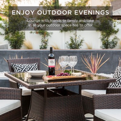 5-Piece Brown Wicker Patio Dining Set with Glass Tabletop and Cream Cushions