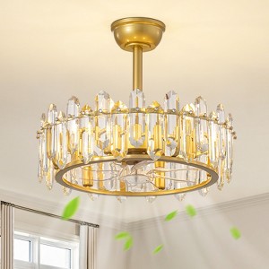 Ludomide 20" Modern Crystal Caged Ceiling Fan with Lights, Gold Luxury Crystal Ceiling Fan, Round Bladeless Chandelier Fan Light with Remote - 1 of 4