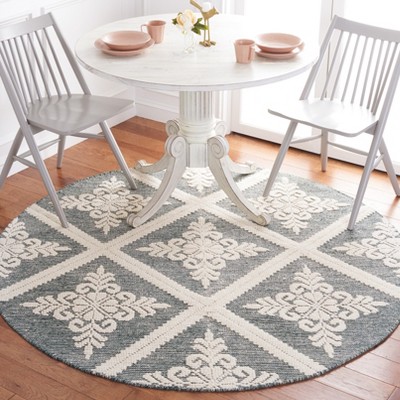 Hand-Knotted Ivory and Green Wool Round Area Rug, 6'