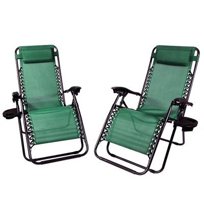 Sunnydaze Fade-Resistant Folding Outdoor Zero Gravity Lounge Chair with Pillow and Cup Holder - Forest Green - 2-Pack