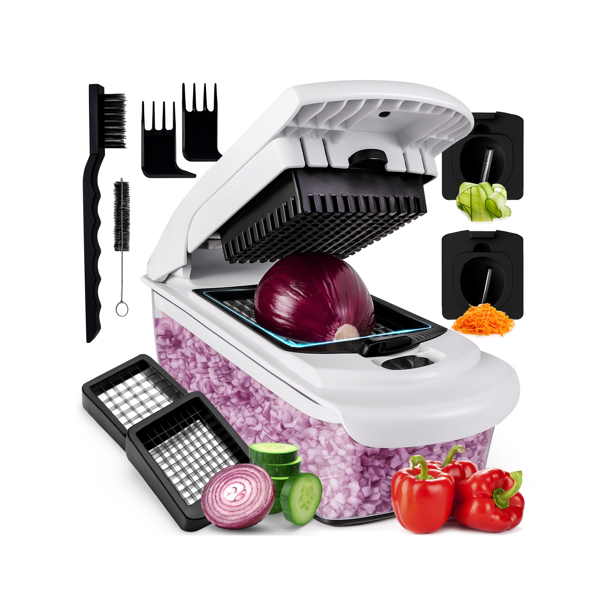 Multipurpose Vegetable Chopper and Spiralizer, 4-in-1 Heavy Duty Manual Food Slicer and Kitchen Dicer & Meal Prep Container for Potatoes, and Veggies