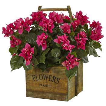 20" x 18" Artificial Bougainvillea Flowering Plant in Rustic Wood Planter Pink -Nearly Natural