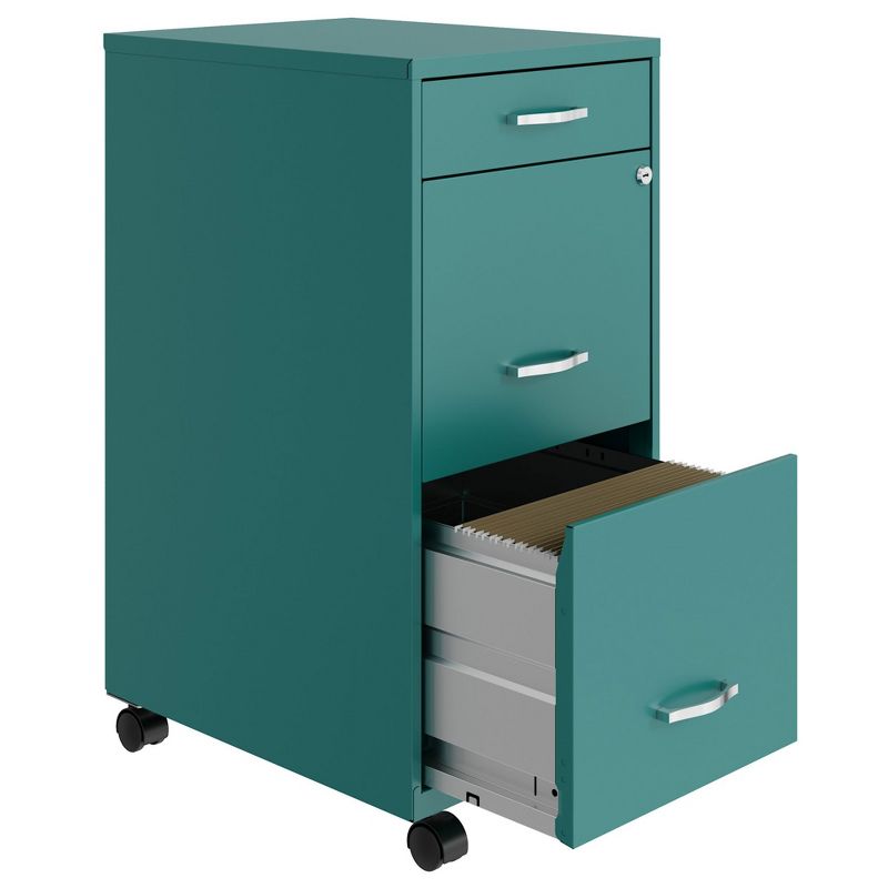 Space Solutions 18 Inch Wide Metal Mobile Organizer File Cabinet for Office Supplies and Hanging File Folders w/ Pencil Drawer & 3 File Drawers, Teal, 4 of 7