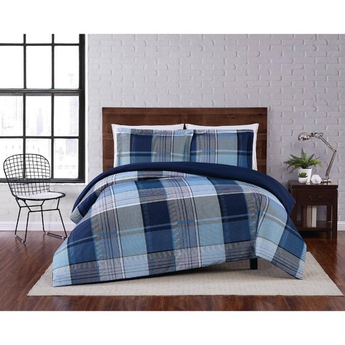 Full Queen 3pc Trey Plaid Duvet Cover Set Navy Truly Soft Target