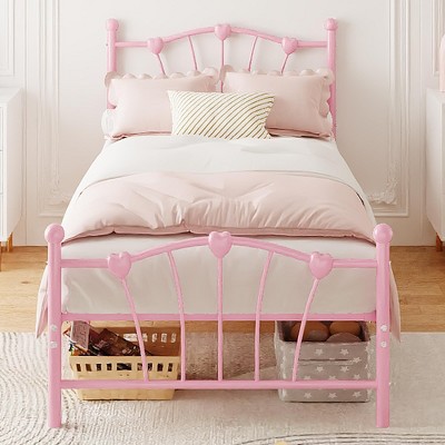 Twin Bed Frame for Kids, Twin Bed Frame with Heart Shaped Headboard and Tailboard,Pink