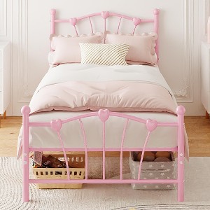 Twin Bed Frame for Kids, Twin Bed Frame with Heart Shaped Headboard and Tailboard,Pink - 1 of 4