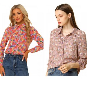 INSPIRE CHIC Women's Point Collar Long Button Sleeve Button Down Floral Shirt 2 Packs - 1 of 4