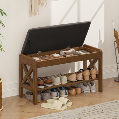 Shoe Bench with Performance Cushioned Seat, Entryway Bench with Lift Top Storage, 2-Tier Wooden Shoe Bench Rack for Entryway, Hallway, Living Room