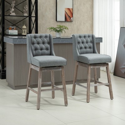 HOMCOM Set of 2 Barstools, 180 Degree Swivel Kitchen Island Stool Dining Room Chairs with Solid Wood Footrests and Button Tufted Design