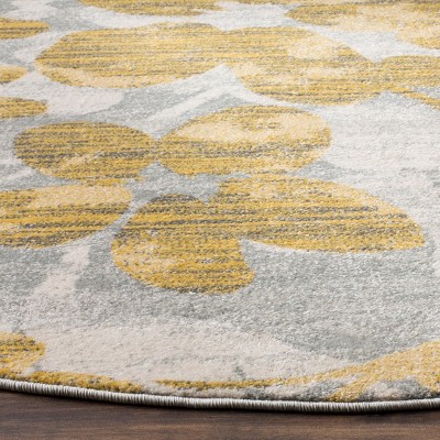 Grey and Gold Floral Round Synthetic Area Rug, 6'7"
