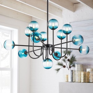 Rennnsan Veyla 38" W 13 -Light Gradient Blue Glass Dimmable Mid-Century Bubble Chandelier in Black & Brass Gold - 1 of 4