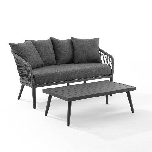 Dover 2pc Outdoor Rope Conversation Set with Loveseat Coffee Table Charcoal Matte Black Crosley