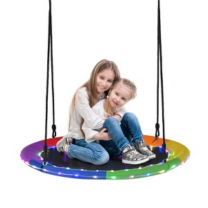 Tangkula 40" Flying Saucer Tree Swing 660 lbs Capacity Outdoor Swing with Multi-colored LED Lights - 3/8 Light Modes Hanging Round Swing Rainbow/Navy Blue - 1 of 4