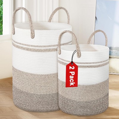 2 Pack Large Tall Rope Laundry Baskets, Cotton Laundry Hamper, , Blanket Basket Storage for Living Room,Baby Room, 58L&28L