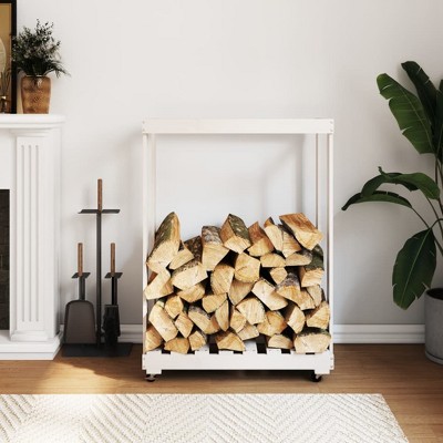 vidaXL Log Holder with Wheels White 30.1 in.x15.7 in.x42.5 in. Solid Wood Pine