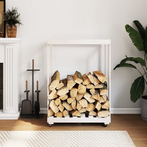 vidaXL Log Holder with Wheels White 30.1 in.x15.7 in.x42.5 in. Solid Wood Pine - 1 of 4