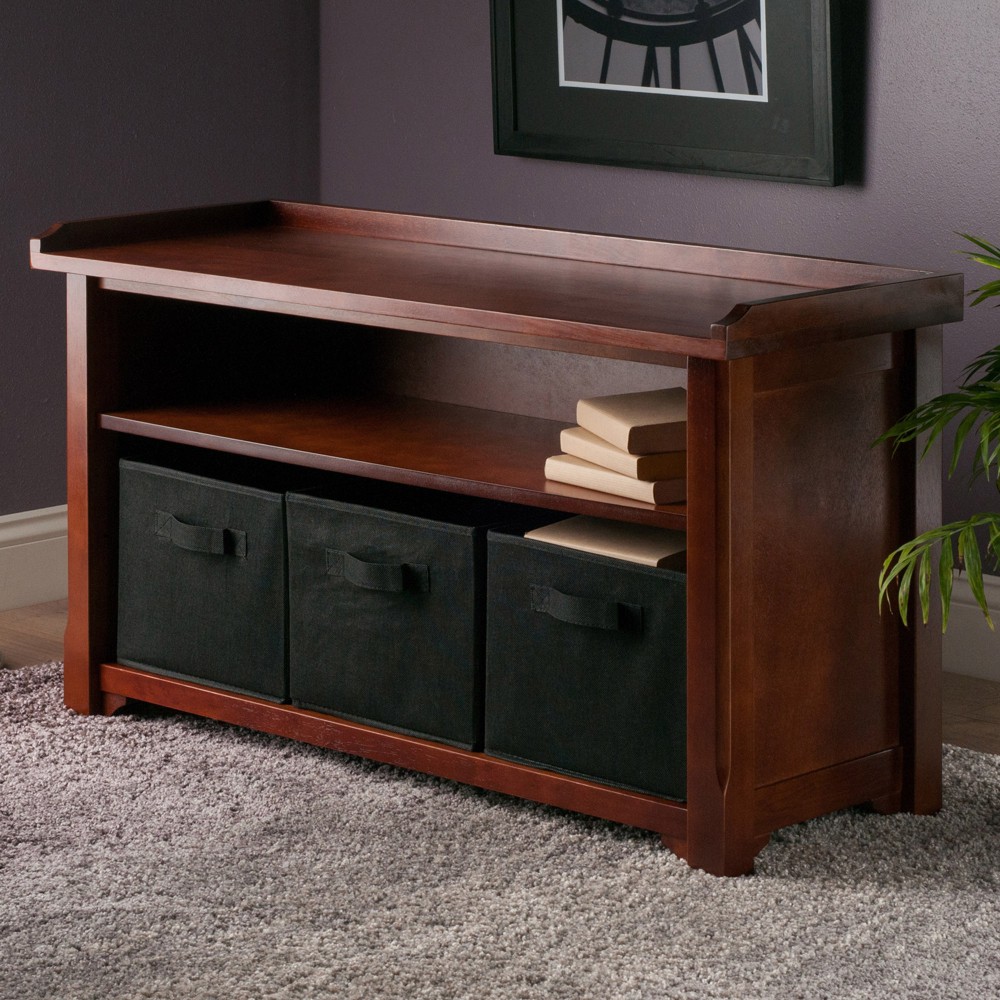 Photos - Pouffe / Bench Verona Storage Bench with 3 Foldable Black Color Fabric Baskets - Walnut - Black - Winsome