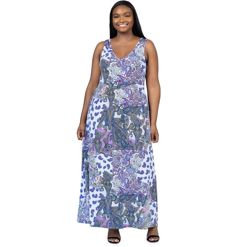 24seven Comfort Apparel Plus Size Purple Paisley Sleeveless V Neck Maxi Dress With Pockets, 1 of 7