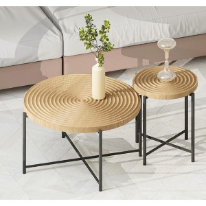 KIGFTSOD 2-Piece Coffee and End Table Set, Waterproof MDF with PVC Cover, Distressed Cylindrical Design, Black Metal Legs, Classic Rustic Charm - 1 of 4