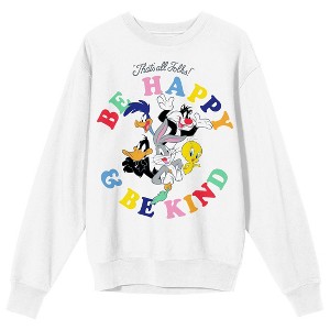 Looney Tunes Be Happy & Be Kind Characters Women's White Crew Neck Sweatshirt - 1 of 3