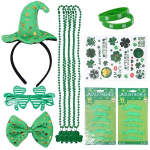 WhizMax 41 Pcs St. Patrick's Day Accessories Set Party Supplies with Shamrock Glasses,Necklaces, Mustaches,Rubber Bracelets, Tattoos,Hat Headband - 1 of 4