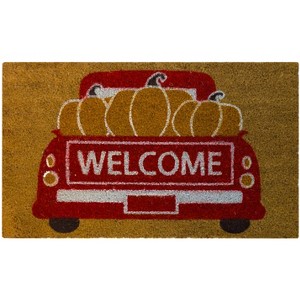 Kate Aurora Fall Harvest Welcome Pumpkin Truck Bristled Outdoor Welcome Mat - 18"x30" - 1 of 3
