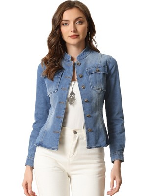 INSPIRE CHIC Women's Button Front Stand Collar Long Sleeve Jean Jackets with Pockets