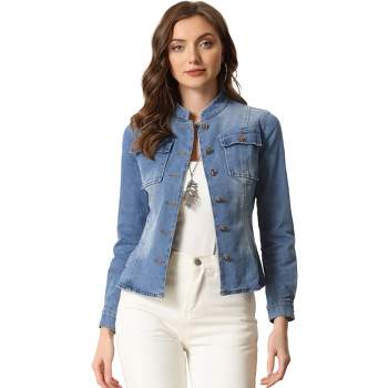 Allegra K Women's Button Front Stand Collar Long Sleeve Jean Jackets with Pockets