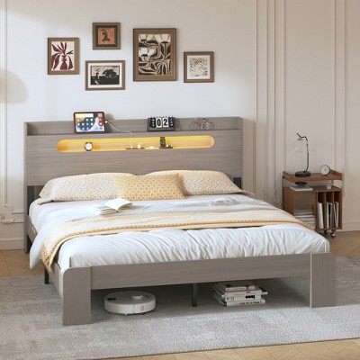 KTMBDW Bed Frame with 2-Tier Storage Headboard, Wood Platform Bed Frame, Built in Charging Station & LED