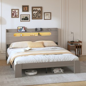 KTMBDW Bed Frame with 2-Tier Storage Headboard, Wood Platform Bed Frame, Built in Charging Station & LED - 1 of 4