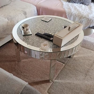 Artloge 31.5x18.3 in Round Silver Mirrored Coffee Table with Crystal Diamonds Inlay Accent Side Table