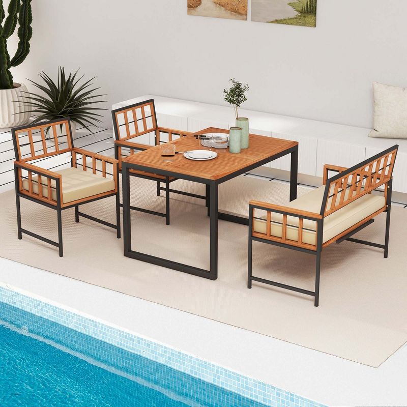 Costway 4 Piece Patio Dining Set Outdoor Wood Dining Furniture with 2 Chairs & 1 Lovesea, 4 of 10