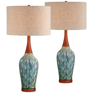 360 Lighting Rocco Modern Mid Century Table Lamps 30" Tall Set of 2 Blue Teal Glaze Ceramic Linen Drum Shade for Bedroom Living Room Nightstand Home - 1 of 4