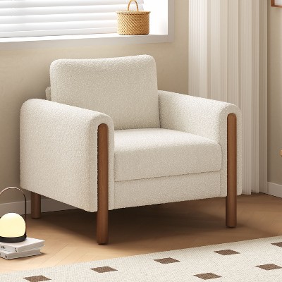 CAVINAS Plush Teddy Fabric Accent Chair,Curved Armrests with Wooden Legs,Armchair for Living Room,Bedroom