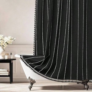 Boho Chic Shower Curtain Heavyweight with Tassels Linen Textured Black White Striped 72x 72 Inch Vintage Farmhouse - 1 of 4