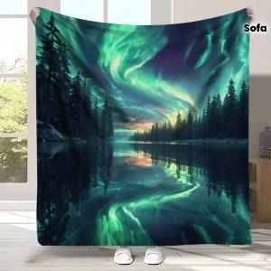 1pc Aurora Borealis Flannel Blanket ¨C Cozy All-Season Throw with Stunning Northern Lights & Pine Tree Reflection Design. - 1 of 4