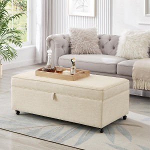 Modern Upholstered Storage Bench with 360° Swivel Casters, Linen/Faux Leather Bench with Hidden Storage, Coffee Table Ottoman - ModernLuxe - 1 of 4